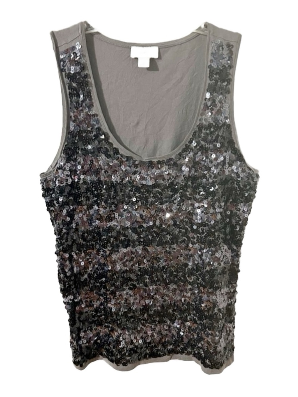 Ann Taylor LOFT Petites Sleeveless Scoop Neck Striped Sequined Blouse Gray Black